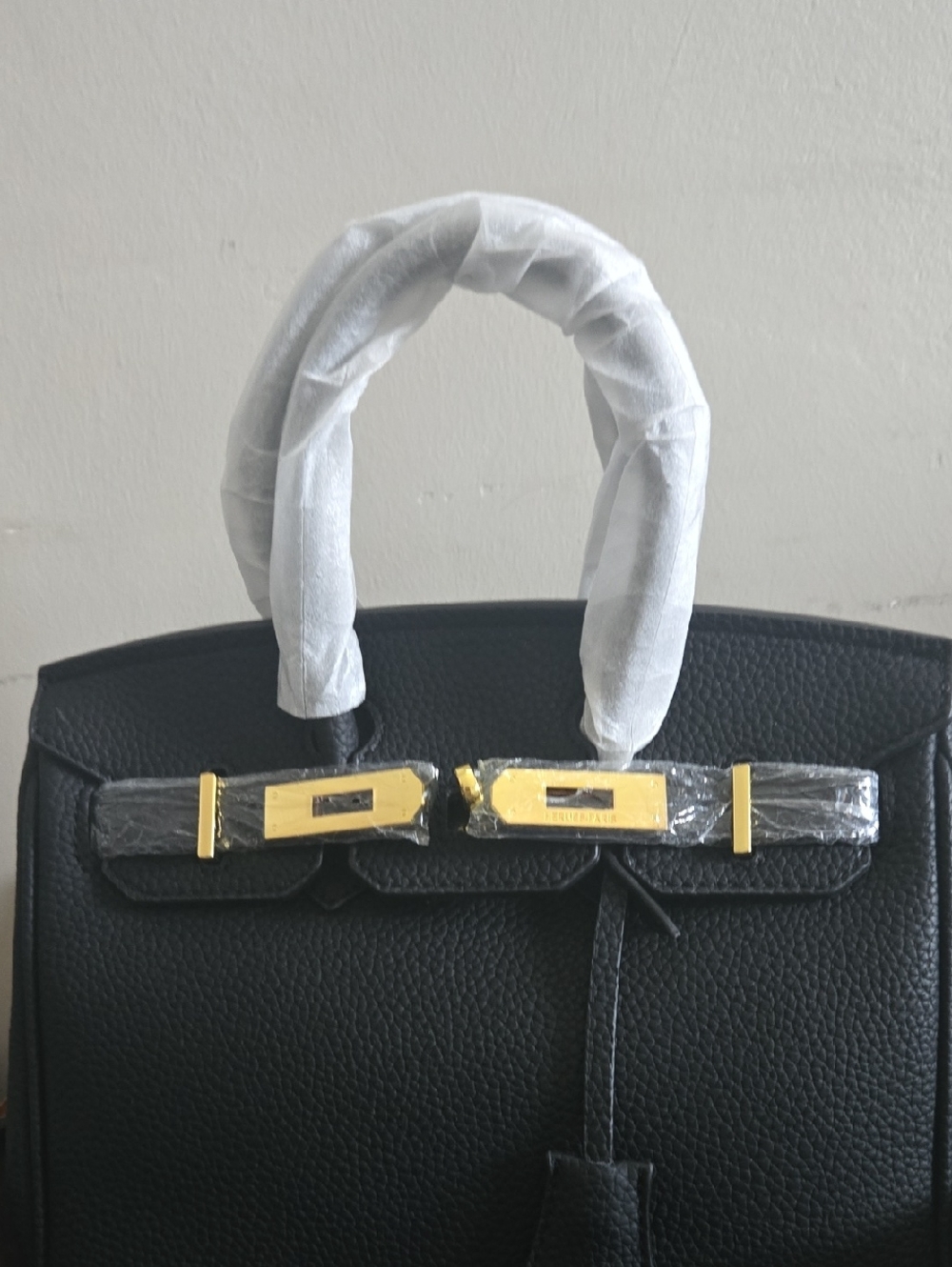 Black Structured Top-Handle Satchel with Gold Hardware